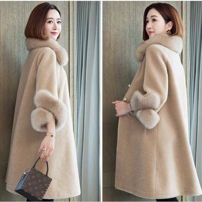 Autumn Luxury fake Fox Fur Collar Women Jacket Real Wool Fur Coats Long Warm Sheep Shearling Winter Coat Jacket