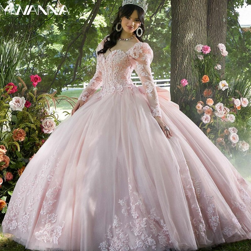 Quinceanrra Promドレス、取り外し可能なパフスリーブ、絶妙なプリンセススタイル、長いキラキラのスパンコールビーズ、甘い16ドレス