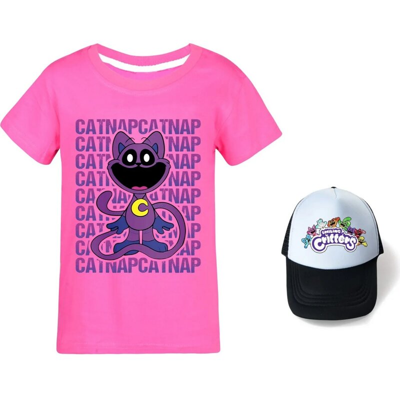 Camiseta de Critters Sonrientes para niños, conjunto de 2 piezas con sombrero para el sol, ropa Kawaii para bebés y niñas, Tops de manga corta 2024