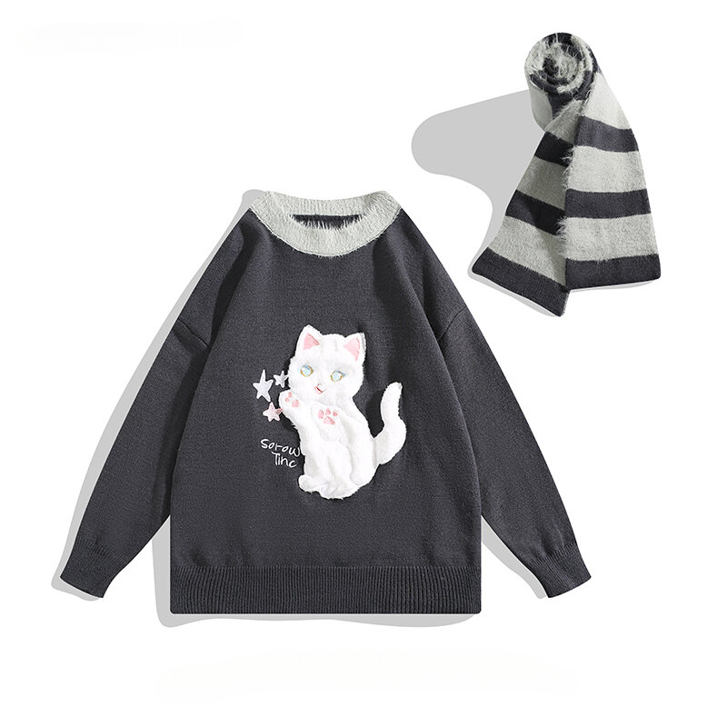 Autumn Winter Japanese Cartoon Cat Sweaters with Scarf for Men/Women Streetwear Loose Warm Casual Couple Knitted Pullovers Tops