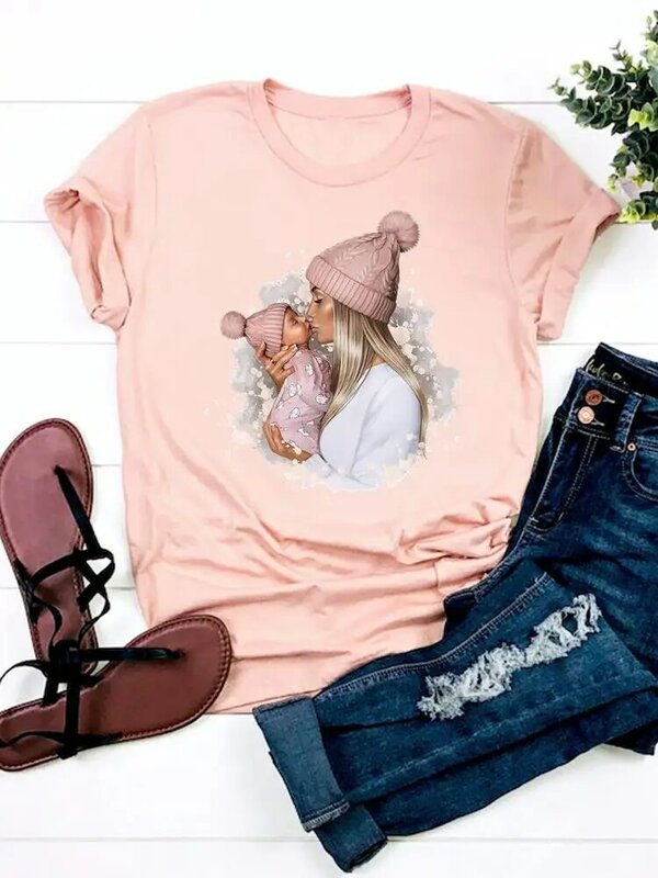 Camiseta estampada de manga corta para mujer, ropa básica para madre de los años 90 con estampado de acuarela