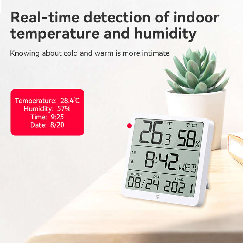 Tuya Smart Home WiFi Sensor Suhu Kelembaban Smart Life Termometer Dalam Ruangan 24 Jam Sensor Jam untuk Alexa Google Suara