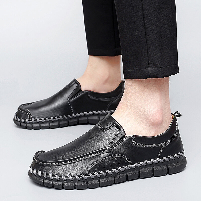 รองเท้าลำลองหนังแท้สำหรับผู้ชายรองเท้าส้นเตี้ยระบายอากาศได้รองเท้าใส่เดินลื่นพื้นนุ่มสำหรับผู้ชาย
