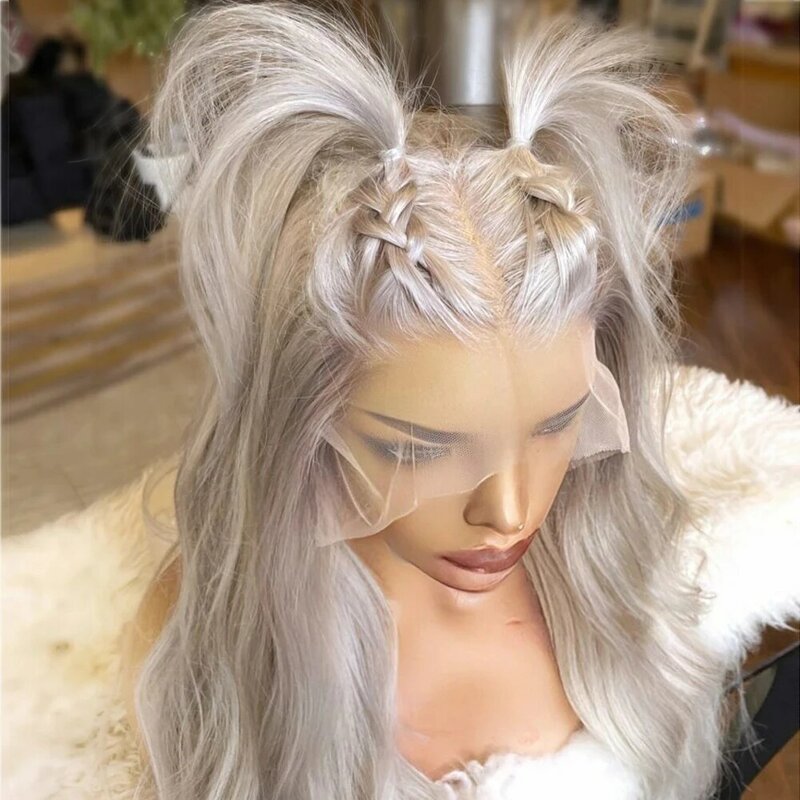 Silver Blonde Lace Front Wig Synthetic Hair Long Wavy Lace Wigs Transparent Lace Frontal Wig Pre Plucked  180% Density Fiber
