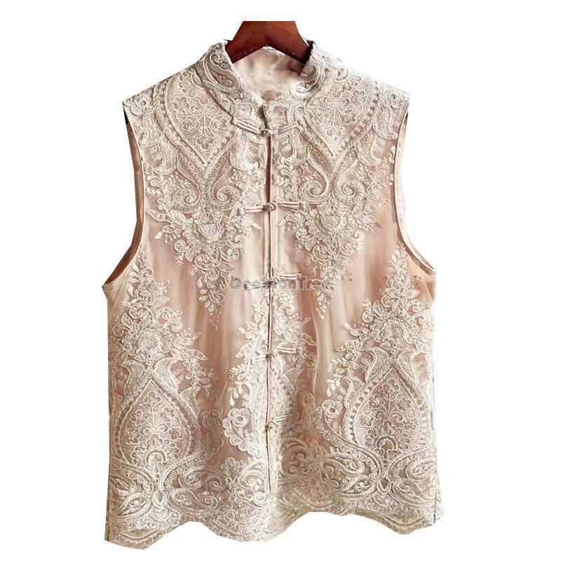 2024 Chinese style traditional clothing women lace embroidery vest top 3XL retro elegant sleeveless vest tangsuit hanfu top pd
