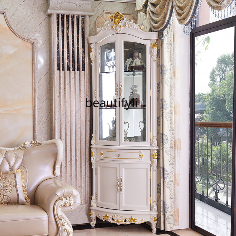 Armário de madeira maciça triangular, estilo europeu, sala de estar, armário de canto, porta de vidro, marfim branco