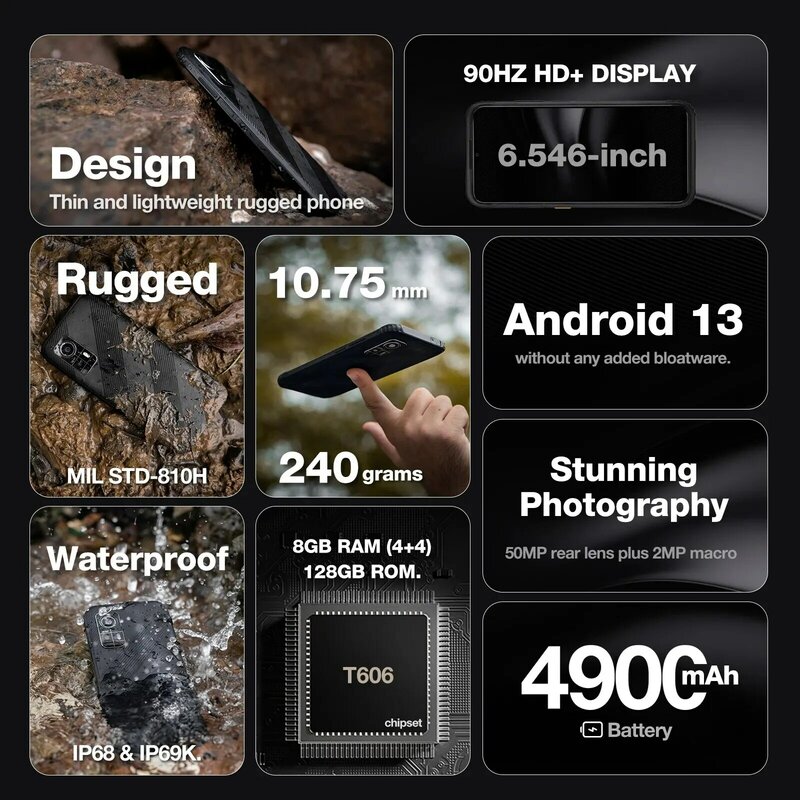 AGM-H6 Lite Smartphone robusto, 8(4 + 4)G + 128G, Câmera 50MP, impermeável, à prova de gota, 6.56 "HD + Display, NFC, 4900mAh
