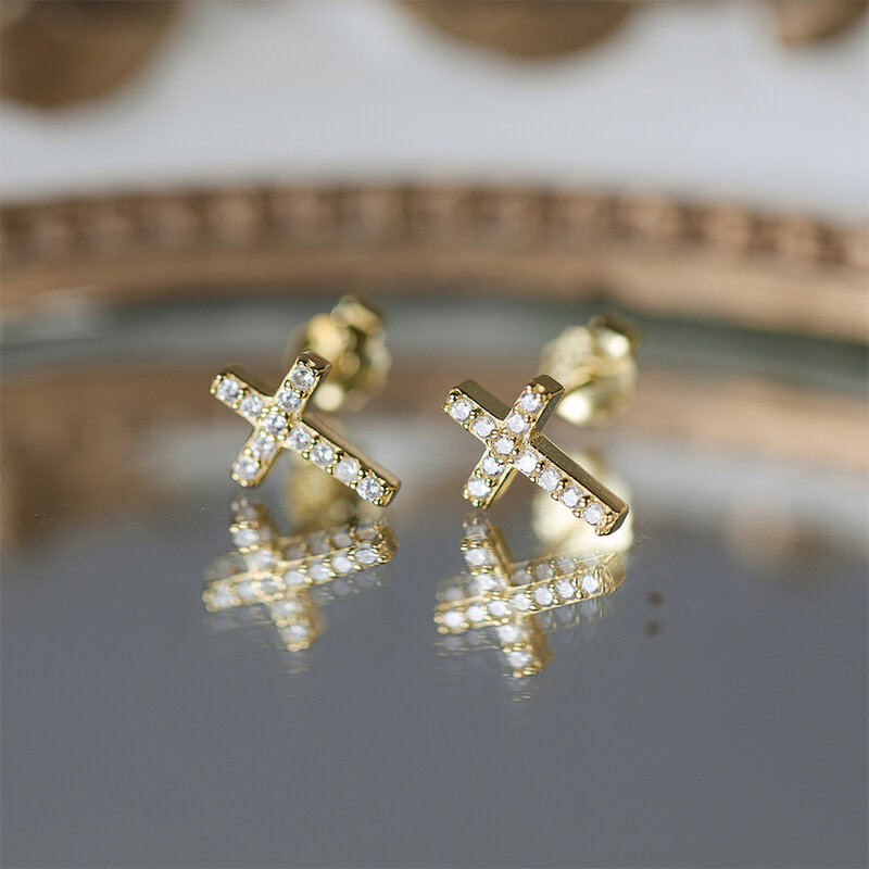 Minimalis 925 Perak Murni CZ Zirkon Anting Stud untuk Wanita Sederhana Geometris Lintas Emas Perak Anting Mode Perhiasan