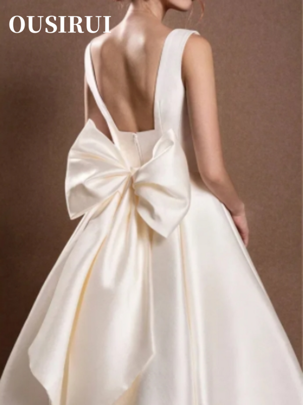 Простое бальное платье с круглым вырезом, атласное платье для приема, женское винтажное Короткое свадебное платье длиной ниже колена для второй свадьбы, свадебные платья, 2024