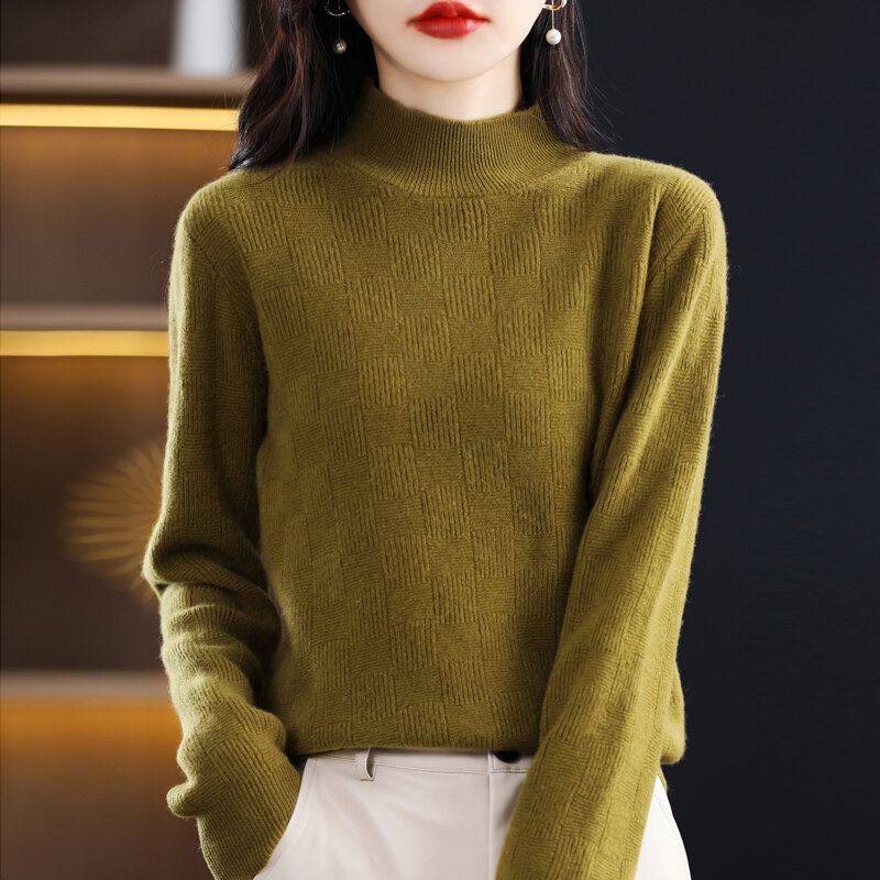 Sweater Pullover Persegi Wanita Setengah Turtleneck Rajut Kualitas Tinggi Lembut dan Nyaman Serbaguna 100% Kemeja Wol Chic Bottoming