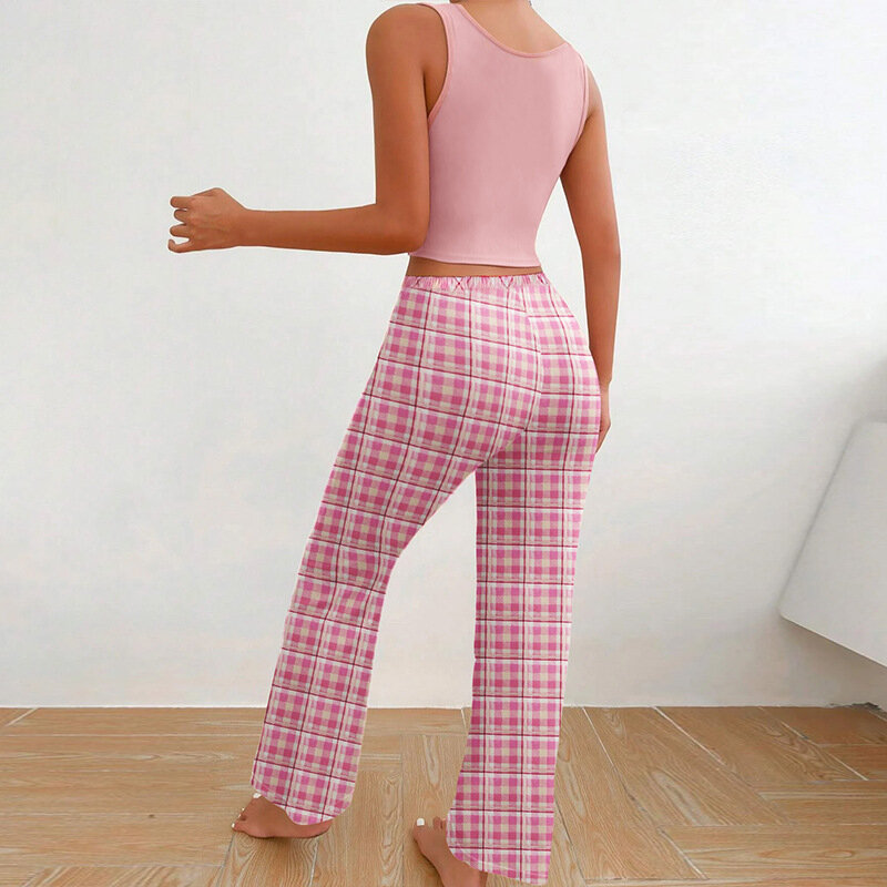 Летняя женская домашняя одежда из 2 предметов, пижамный комплект, жилет, цветные клетчатые брюки, топ с надписью, женская пижама, домашняя одежда, повседневный комплект