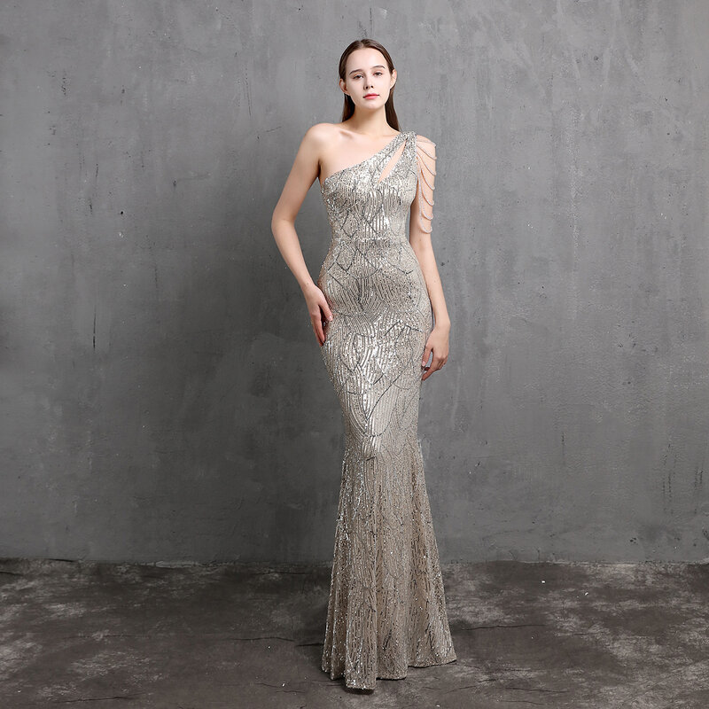 Sparkling Sequins Evening Dress Luxruy Glitter One Shoulder Sleeveless Beading Wedding Party Prom Gowns Designer Robe De Mariée