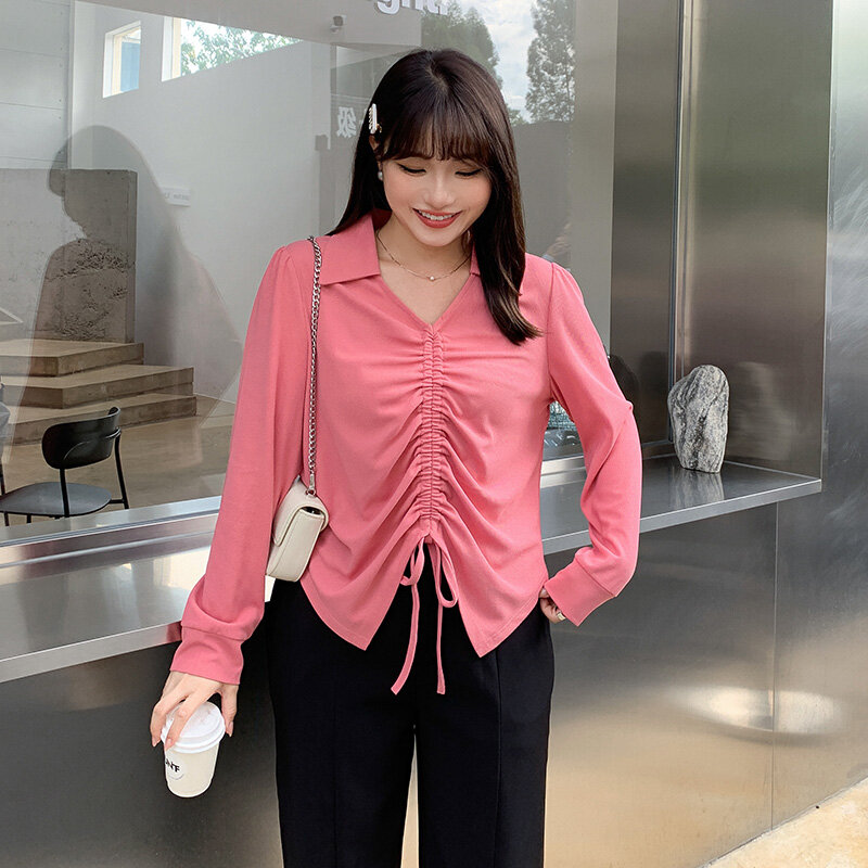 Plus size, shoulder top loose and slimming shirt, fashionable and age reducing casual shirt V-neck 3121