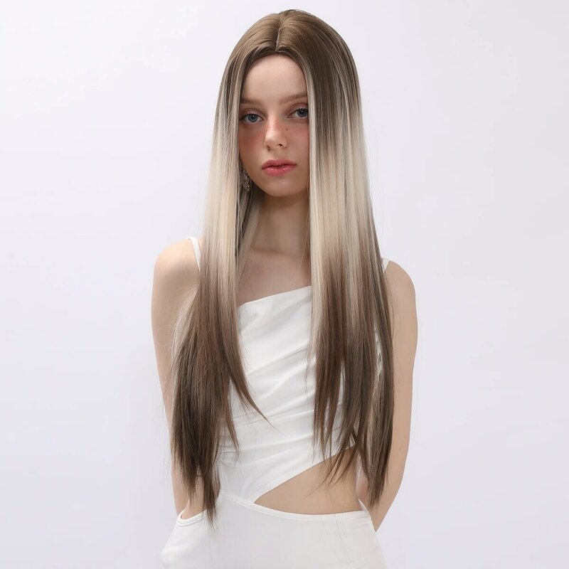 Smilco Omber Brown To Blonde Layered Wigs Synthetic Lace Front Fake Hair For Women Daily Cosplay Straight Cut Heat Resistant Wig