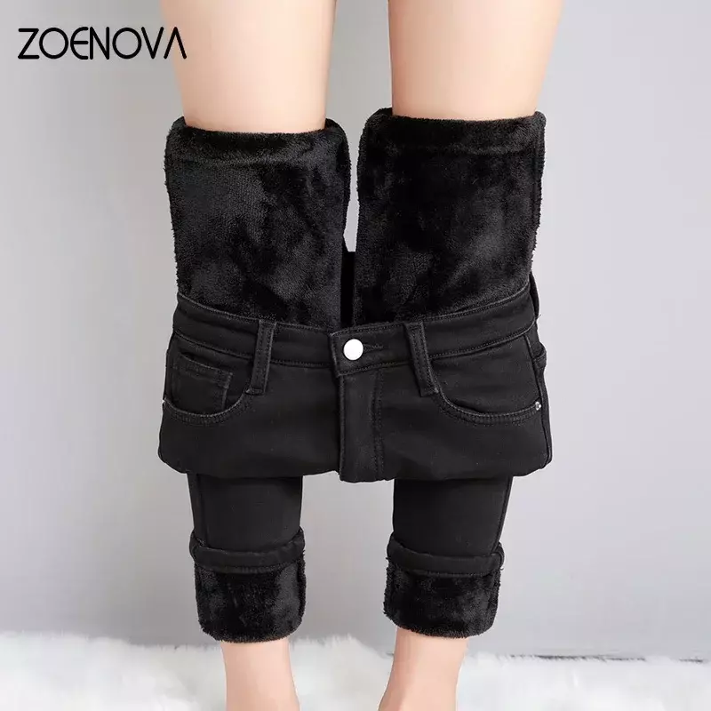 ZOENOVA  Women Thick Velvet Jeans Fleece  Warm Korean Fashion High Waist Skinny Elastic Pants Jean Casual Legging Winter 2023