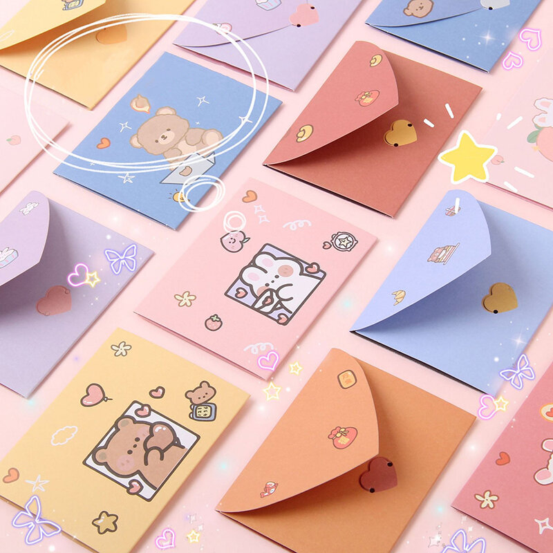 10PCS Cute Cartoon Gift Card Folded Envelope Greeting Card Holiday Wishes Thank You Gift Message Confession