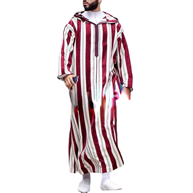 Muslim Fashion Loose Fitting Thin Striped Red Robe Lapel Summer Youth Muslim Shirt 2023 New Stock Casual Robe Clothing