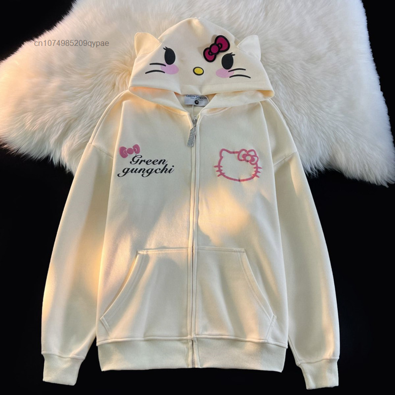 Hoodie Hello Kitty Kawaii para mulher, moletom casual solto, cardigã com estampa Anime, casaco, meninas doces, fofas, Sanrio, Y2K, roupas novas