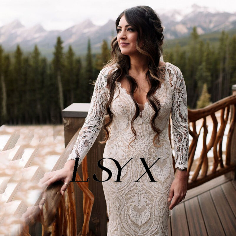 LSYX gaun pernikahan putri duyung renda lengan panjang leher V rendah elegan untuk wanita gaun pengantin kereta punggung terbuka buatan khusus