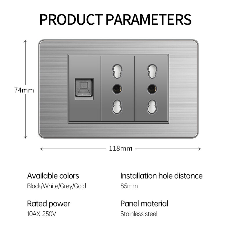 Interruptor de toma de corriente de pared, panel de acero inoxidable, USB tipo C, 5V, 2100MA, carga rápida para TV, teléfono, ordenador, UE, Italia, Chile