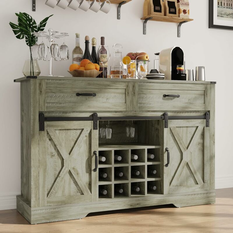 Liquor Coffee Bar Cupboard w/Wine & Glass Rack, 52'' Sliding Barn Door Sideboard, Buffet Cabinet w/ 2 Drawers, Light Grey