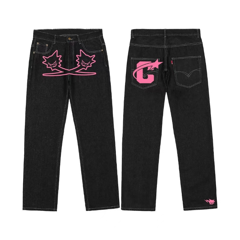 Джинсы-багги Y2K в стиле ретро, новинка 2023, уличная одежда, трендовые прямые джинсы с принтом в стиле ретро, мужские повседневные брюки Харадзюку с высокой талией, женские брюки