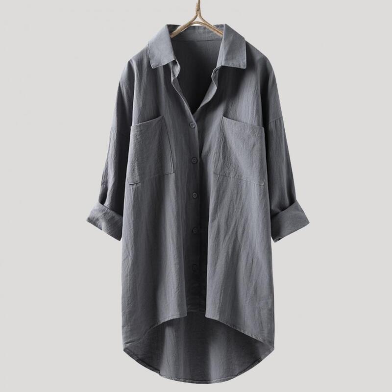 Women Button-up Blouse Stylish Women's Spring Summer Casual Shirt with Lapel Pockets Loose Fit Solid Color Long for Streetwear