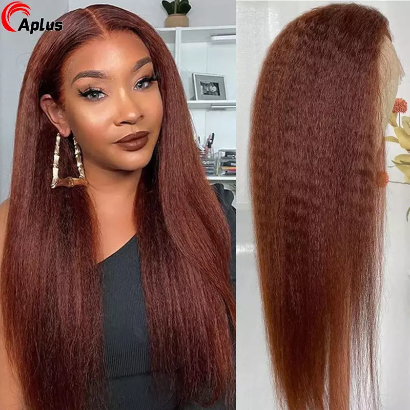 Wig rambut lurus Kinky warna coklat kemerahan Wig rambut manusia keriting depan 13x6 Hd Wig Frontal renda biru Wig Brasil obral