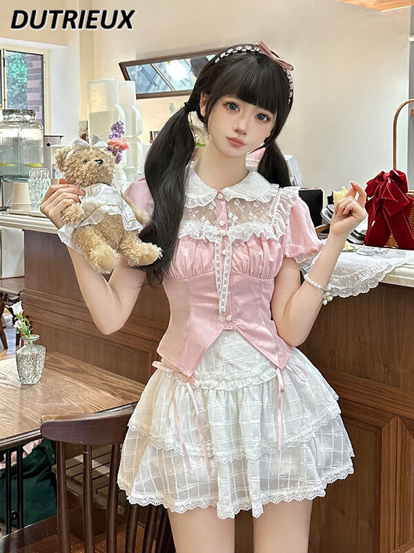 Spring and Summer New Sweet Pure Princess Style Pink Shirt Doll Collar Lace Short Sleeve Top and Cake Skirt Two Piece Suit