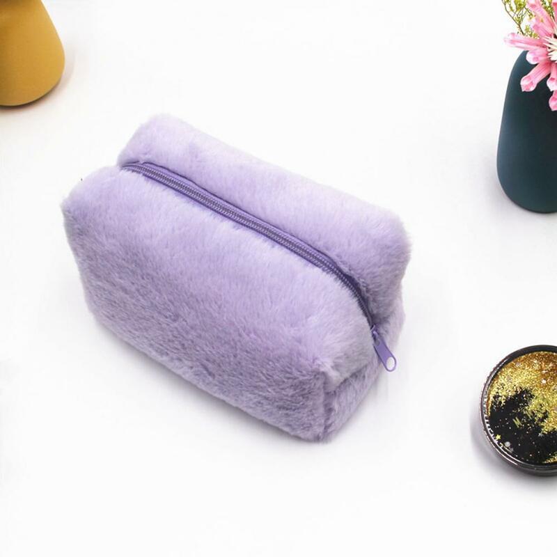 Plush Square Cosmetic Bag Candy Color Portable Large Capacity Zipper Toiletry Bag Stationery Storage Bag for Travel Ins Style