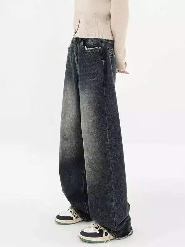 HOUZHOU Harajuku Y2K workowate dżinsy damska odzież uliczna moda Retro jesienna spodnie z wysokim stanem luźna szeroka nogawka jeansowe spodnie damskie