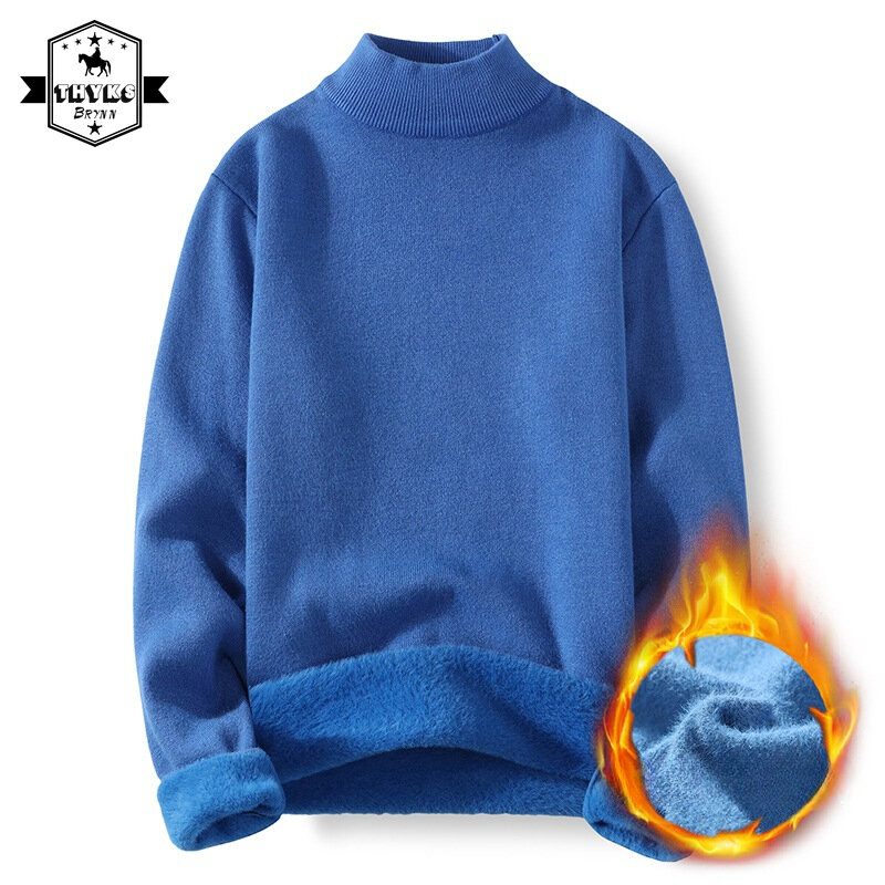 Plush Thicken Half High Neck Integrated Plush Sweater Mens Warm Classic Solid Knitted Turtleneck Male Thick Casual Slim Pullover