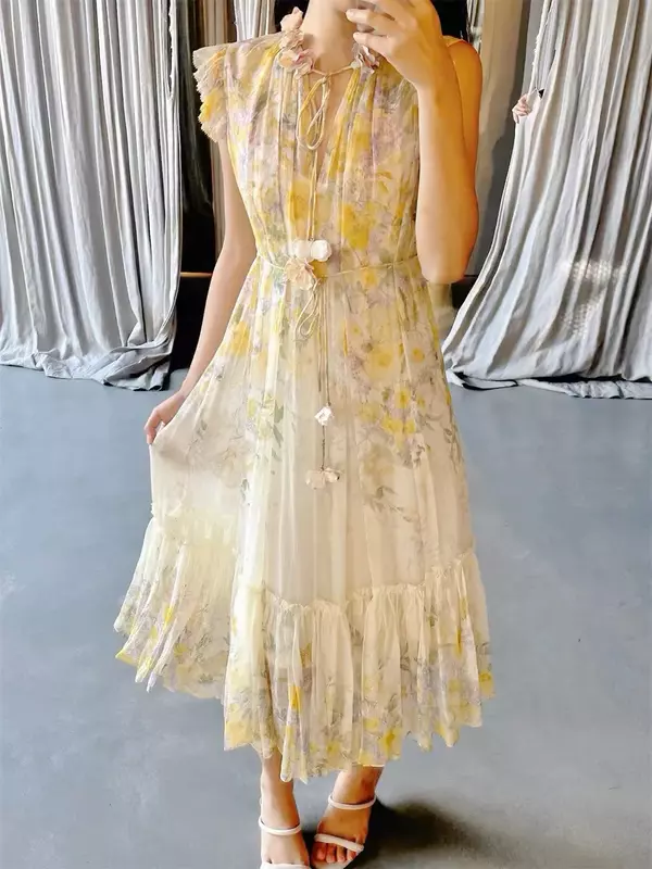 2024 New Spring Summer High Quality Vintage Floral Print Stand Collar Midi Dress Vintage Dress Elegant Medium Length Dress