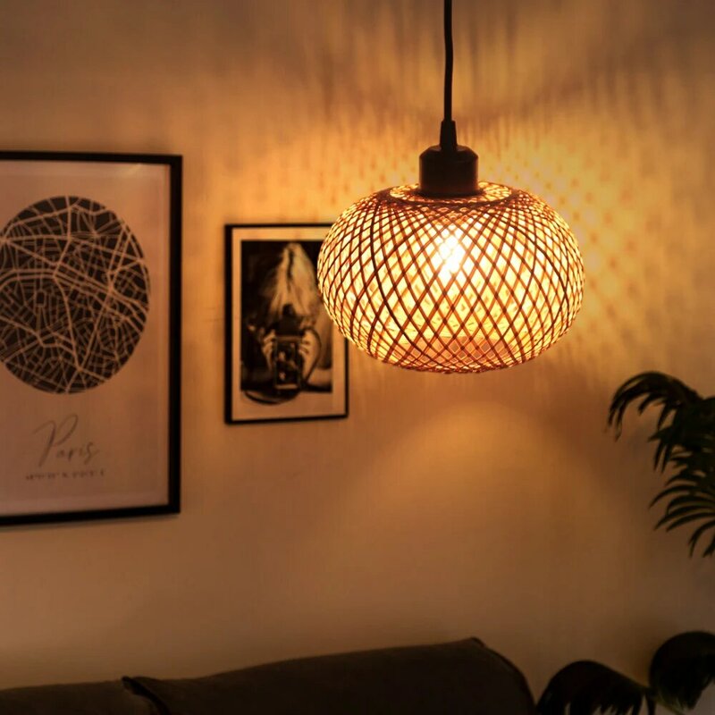 手作りラタン竹シャンデリアled天井ランプe27器具織り家リビングルーム装飾吊りランプled天井灯
