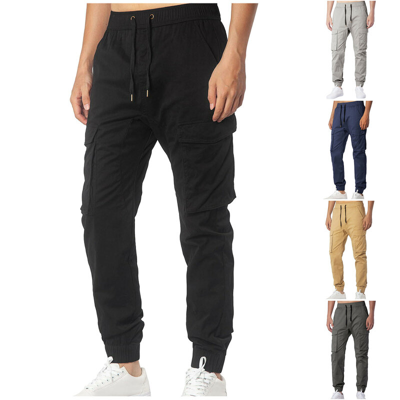 Calça cargo multi bolso masculina, leggings esportivos casuais, calças largas de perna, tendência esportiva, macia