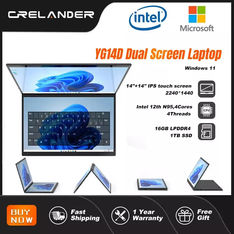 CRELANDER 듀얼 터치 스크린 노트북 컴퓨터, 14 인치 10.5 인치 요가 노트북, 필기 미니 PC, 인텔 12 세대 N95 프로세서, M2 SSD, 2K