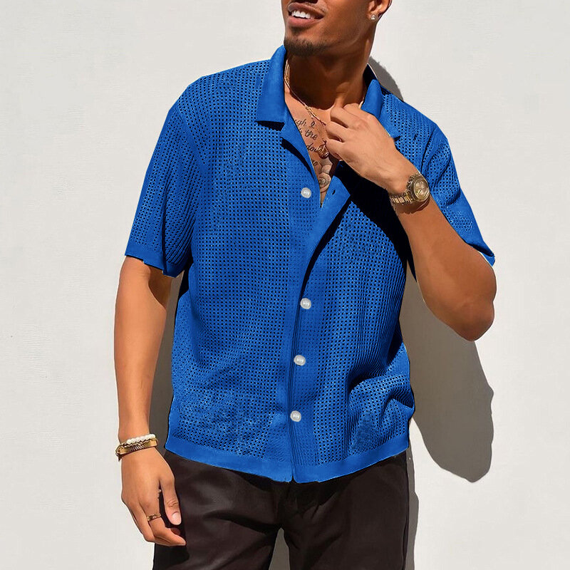 Camiseta oca de malha masculina, camisa de praia respirável, cardigã casual solto de manga curta, camisa de malha com lapela, verão 2024