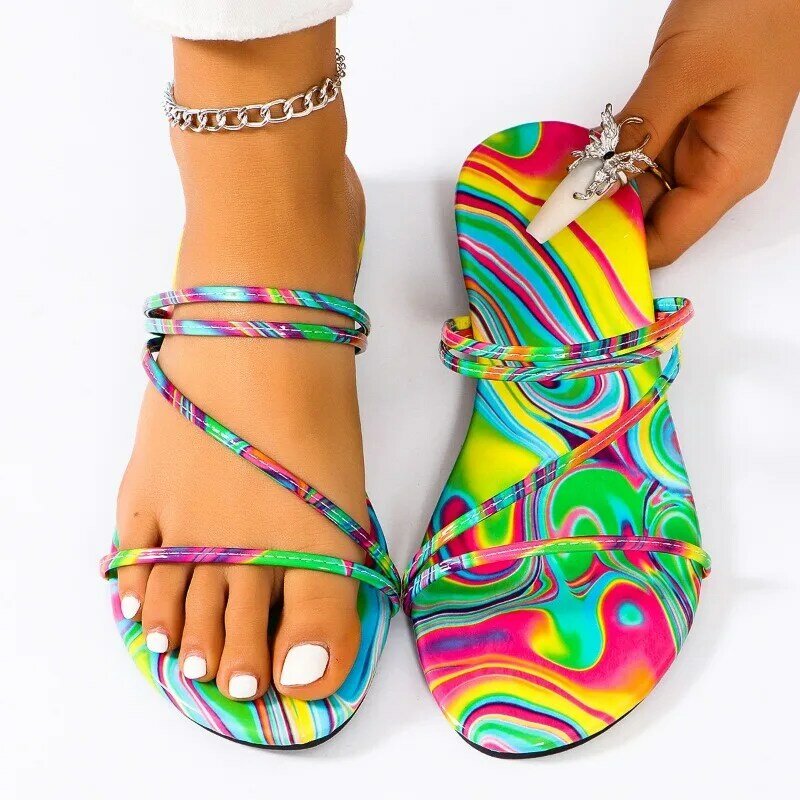 Sandálias planas para mulheres, chinelos de praia, chinelos ao ar livre, nova moda, verão, 2024