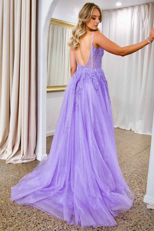 Strapless Spaghetti Strap Tulle Backless Evening Dress Sparkly Corset Sleeveless Ball Gowns A-Line Cocktail Dress With High Slit