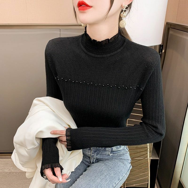 Lace Spliced Half Height Collar Pearl Inlay Design Basic Daily Style Thick Autumn Winter Slim Keep Warm Pullovers Ladies Sweater