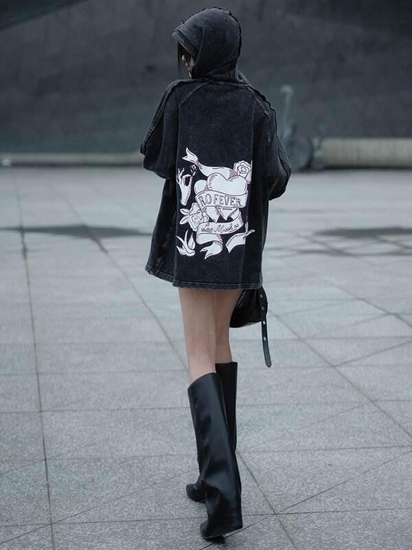 SHENGPALAE hoodie Denim wanita, Vintage bercetak mode Amerika Streetwear serbaguna Musim Semi 2024 pasang baru 5R9515