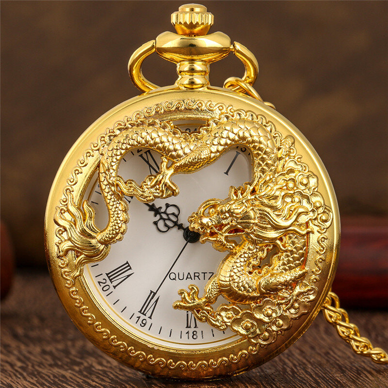 Steampunk scava fuori il Design del drago cinese orologio da tasca con movimento al quarzo retrò per uomo donna con catena di collana numero romano