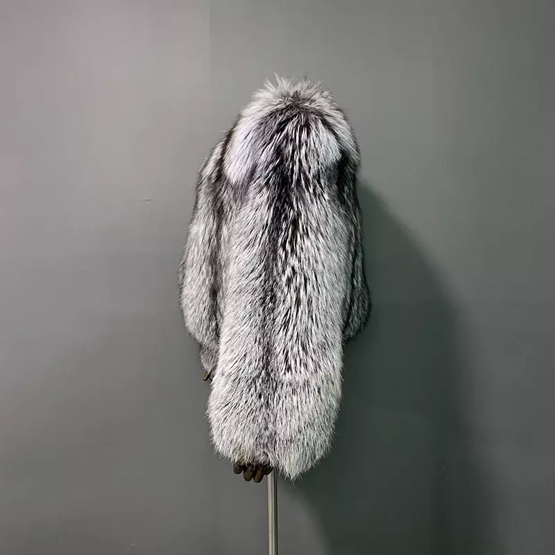 Casaco Real Fox Fur para mulheres, couro inteiro, prata, rf22113