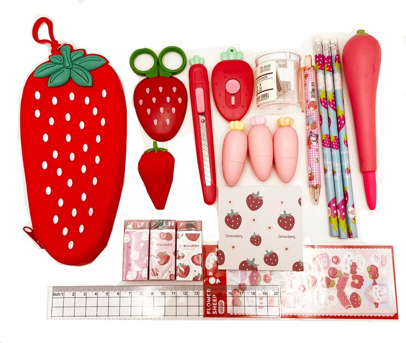 Sharkbang Designed Creative Carrot Strawberry Stationery Set 20pcs Pack Kids Birthday Gift Pencil Case Gel Pen School Suppliers