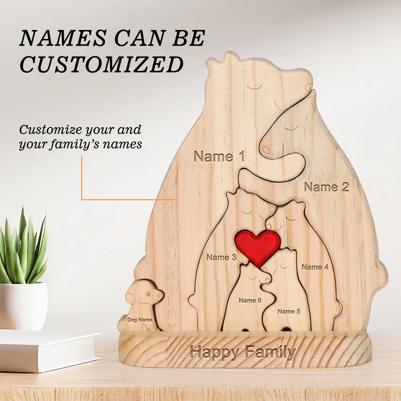 Rompecabezas de madera de oso grabado gratis, escultura de nombre de familia personalizada, regalo de cumpleaños, decoración de escritorio del hogar