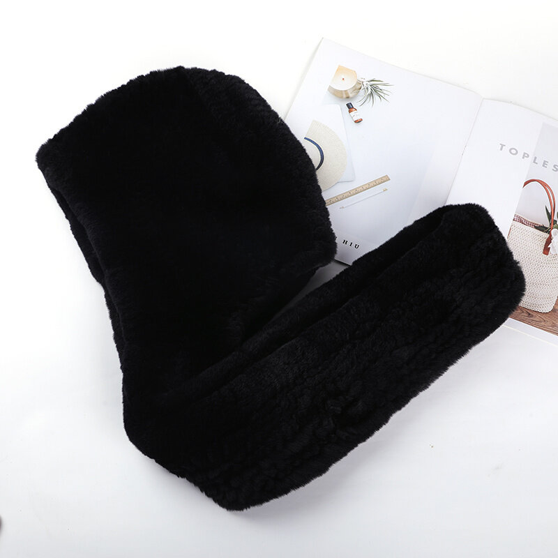 Fur Hat Scarves Real Rex Rabbit Fur Hat For Women New Knitted Cap Warm Natural Fur Hat With Neck Scarves