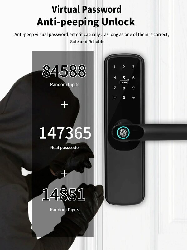 تويا واي فاي قفل باب ذكي إلكتروني ، بصمة إصبع بيومترية ، بطاقة ذكية ، كلمة مرور ، فتح المفتاح ، شحن USB للطوارئ