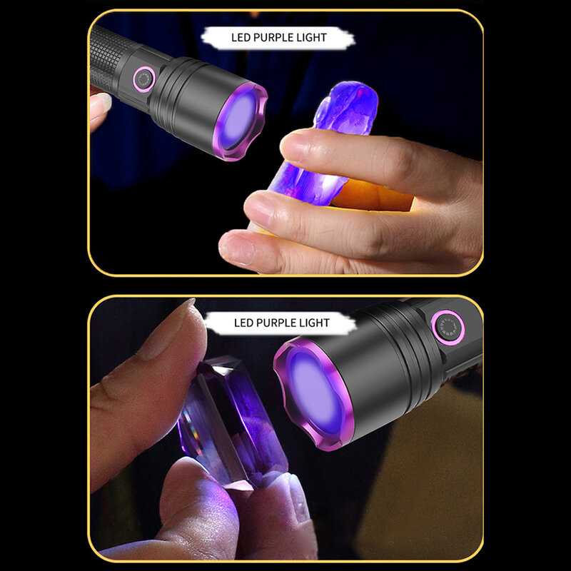 Lanterna UV com Luz Dupla, Tocha Ultravioleta, Lanterna Zoom, Lâmpada de Iluminação Detecção, Pet Manchas e Caça, Roxo e Branco, 395nm