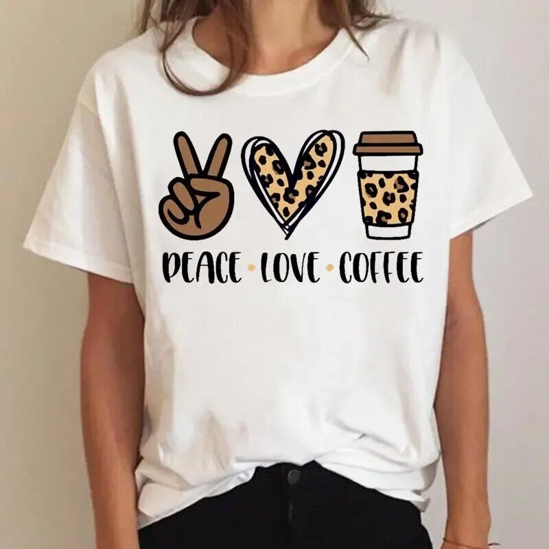 Camiseta de manga curta feminina, top feminino, camiseta dos desenhos animados, café, Love Trend, roupas gráficas, roupas da moda, verão