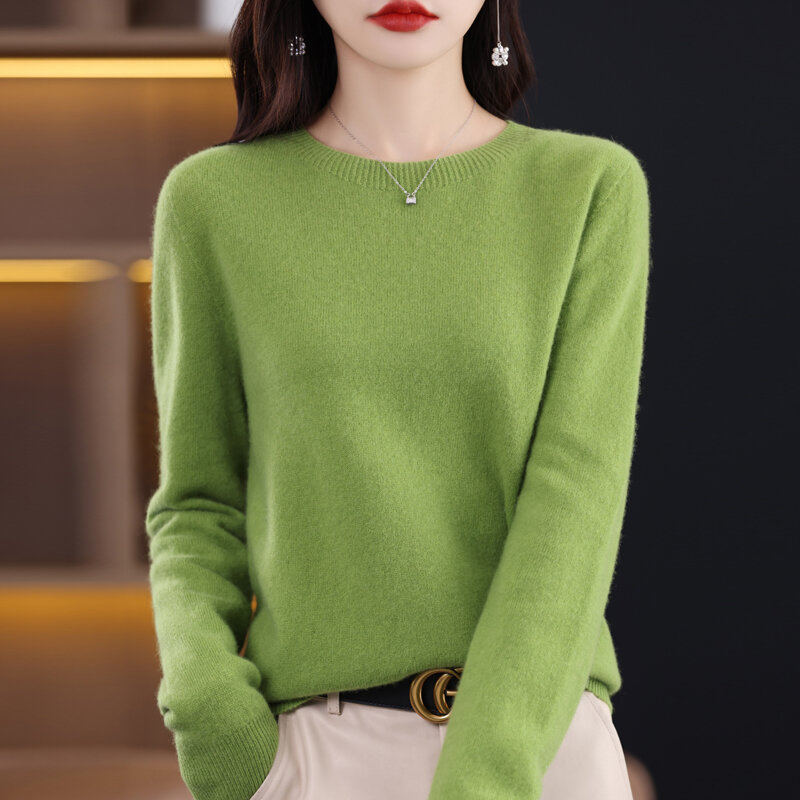 2023 baru kasmir dasar atasan lengan panjang wanita leher O Sweater rajutan 100% murni Merino wol Pullover pakaian rajut